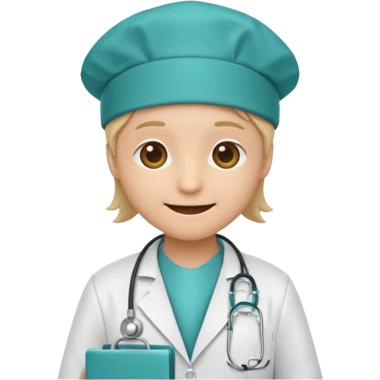 smiley face emoji dressed as a doctor with a white lab coat and teal surgical cap emoji
