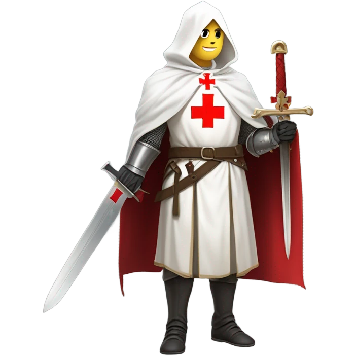 blond haired Masonic knight Templar wearing a white tunic with a Red Cross on the front and a white mantle with a hood with a Red Cross on the left side and a male face  and holding a sword by the handle blade pointing upwards. emoji