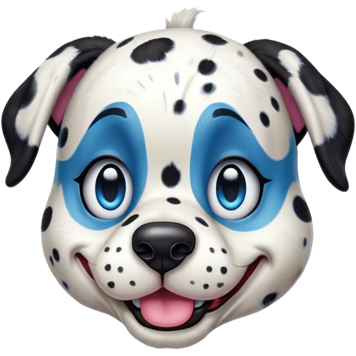 Cinematic Comical Harlequin Dalmatian Portrait Emoji, Head tilted dramatically with an exaggeratedly shocked or amused expression, featuring a striking Fur of predominantly white with vivid black patches, wide, expressive blue eyes filled with playful disbelief, Simplified yet hilariously expressive features, highly detailed, glowing with a slightly sassy glow, high shine, dramatic yet playful, stylized with an air of cheeky charm, bright and endearing, soft glowing outline, capturing the essence of a spirited and over-the-top guardian, so meme-worthy it feels like it could side-eye its way into internet fame instantly! emoji