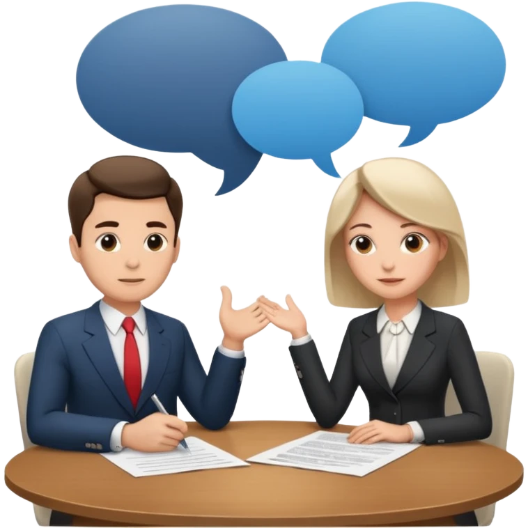 Two people sitting at a table with a large contract or paper between them and speech bubbles above, symbolizing negotiation and agreement signing. emoji
