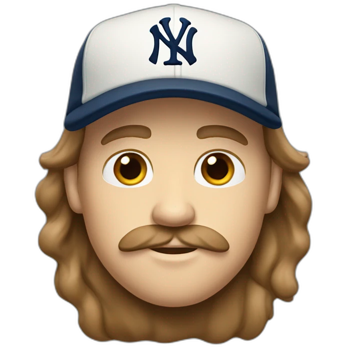 white man with long brown hair and ny baseball cap and mustache emoji