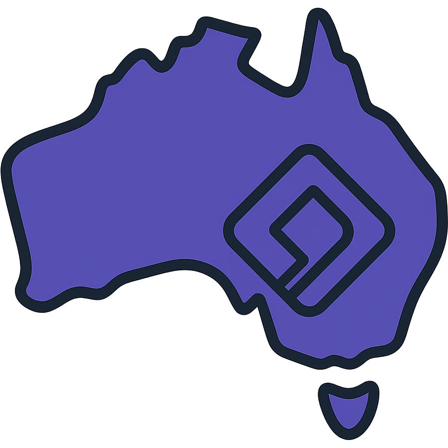 Map of Australia with the official Microsoft Power Pages icon overlay, no digital web overlay, use #403DAD as the main color, clean and modern, no text emoji