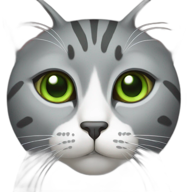 Gray cat with green eyes with white spot under nose and white stripe from nose to forehead emoji