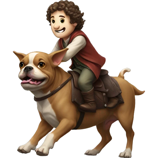 A hobbit riding on the back of a French bull dog emoji