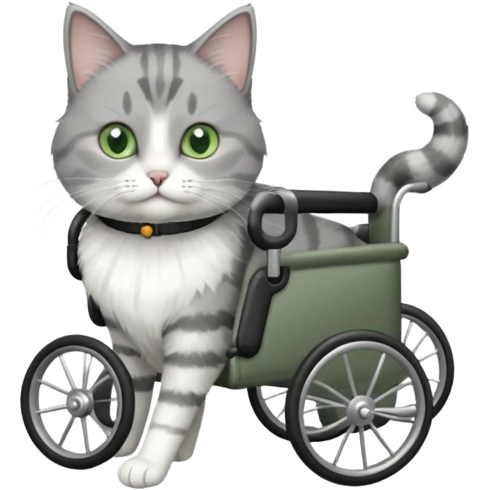 grey and white cat in a pet wheelchair emoji