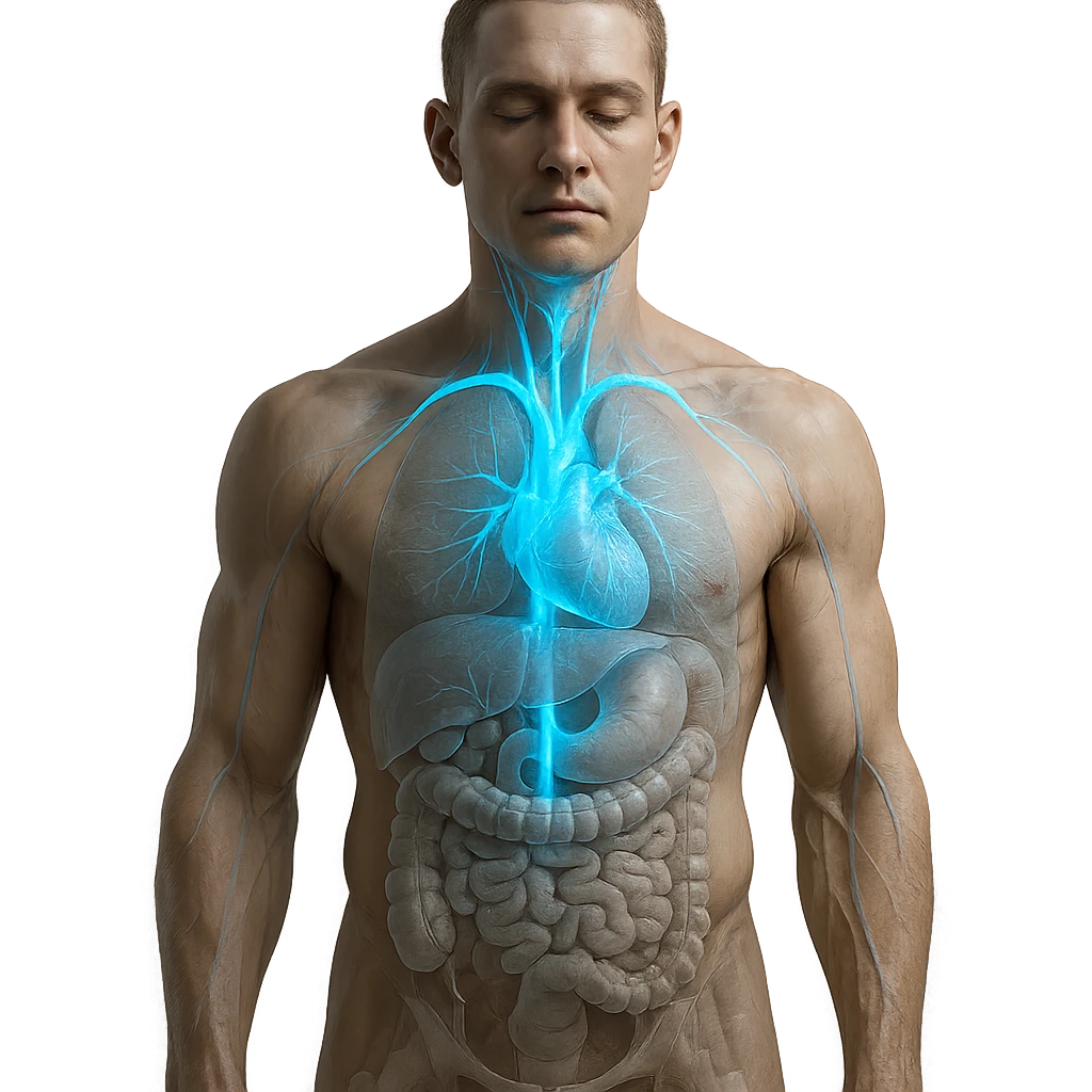 realistic human body with vagus nerve highlighted, anatomical details, vagus nerve path clearly visible, intense blue cold glow effect along the nerve, transparency on internal organs, neutral background emoji