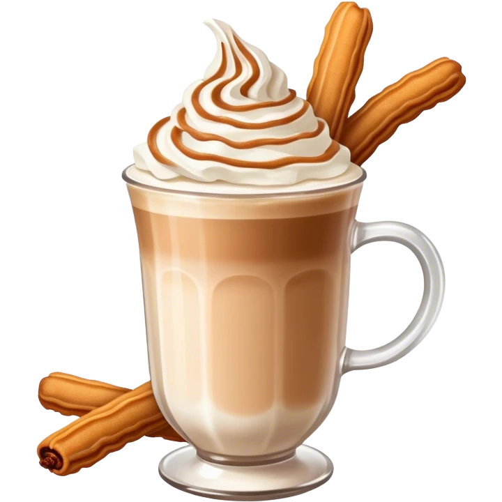 A creamy latte with whipped cream, cinnamon powder,and churros￼ emoji