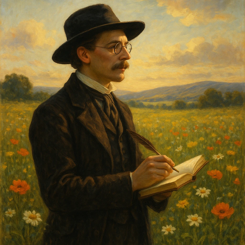 a nature poet in classic costume, chapeau, and round glasses, standing in a field of flowers, pen in hand, inspired by the landscape emoji