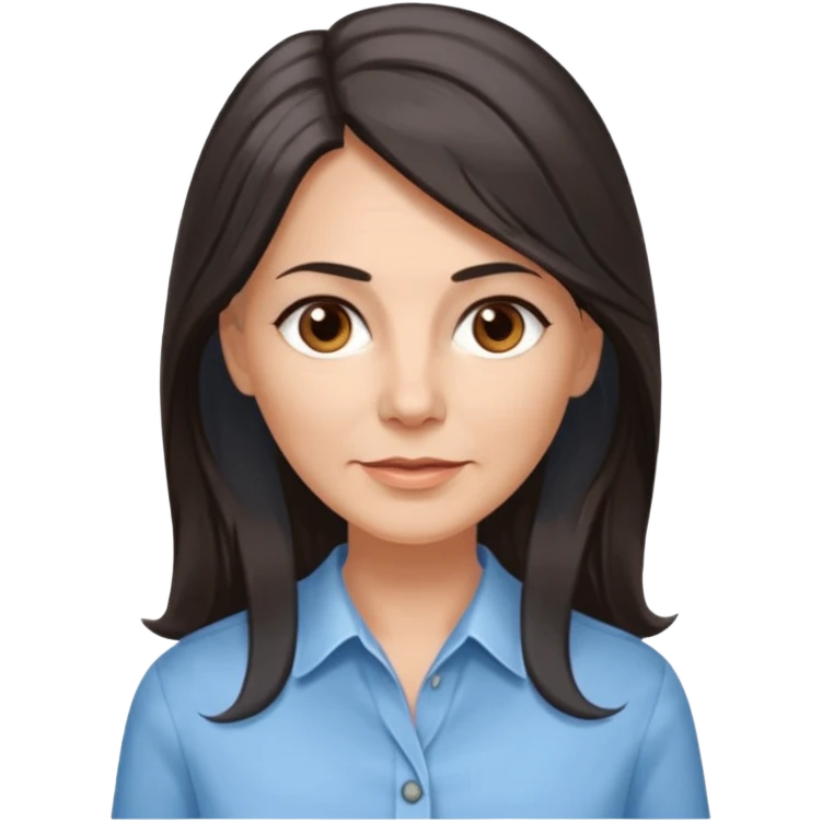 vit 50-årig kvinna med jättelångt mörkbrunt hår med grå/vita slingor bruna ögon ljusblå skjorta med översta knappen uppknäppt emoji