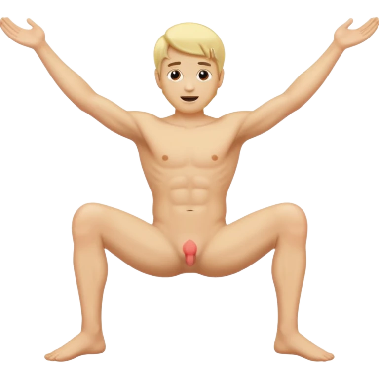 Naked blonde man with legs spread and penis showing emoji