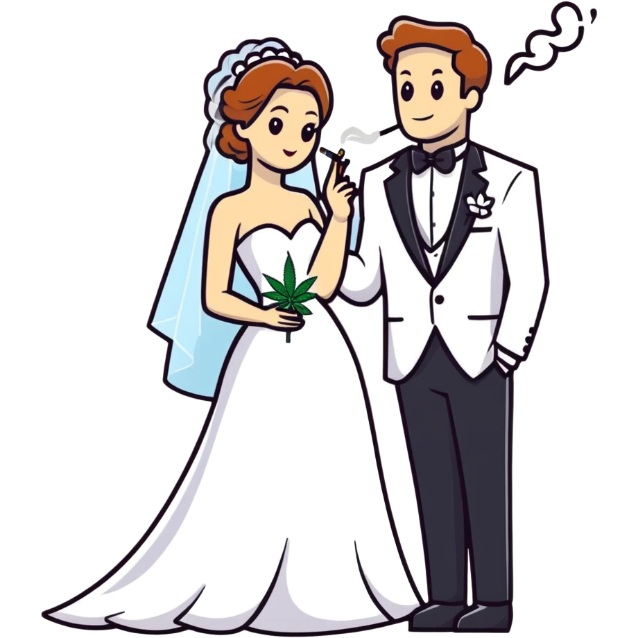 A bride in white wedding dress and groom in tuxedo, full body, smoking cannabis together, wedding couple emoji