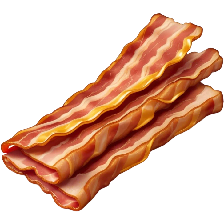 Cinematic crispy sizzling bacon, slightly curled, golden-brown with a perfect crunch, glistening with rich flavor, deep warm tones, served on a breakfast plate, comforting and indulgent. emoji