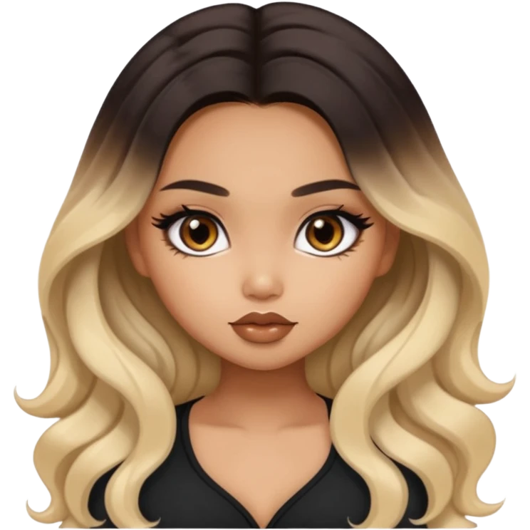 tan skin, girly bratz ASIAN vietnam baddie, beautiful dark brown eyes, pretty makeup, long black to blond ombré wavy hair emoji