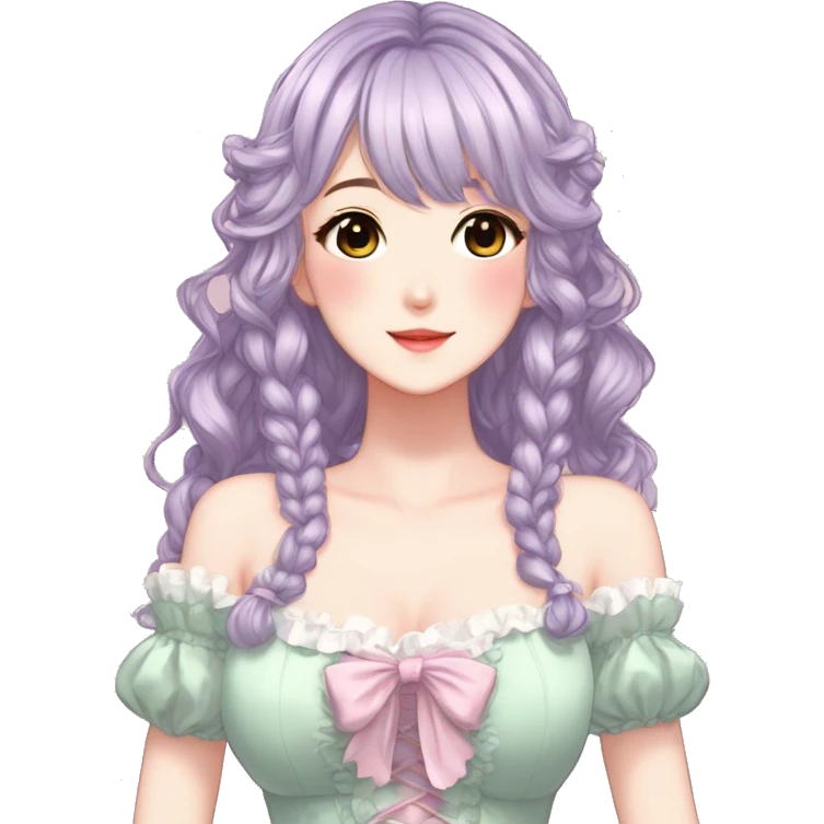 gorgeous pretty attractive anime lady beautiful hair with gorgeous dress fairycore cottagecore pastelcore detailed high quality trending VOGUE aesthetic head and bust emoji