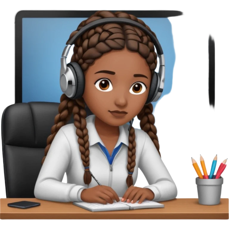 realistic dark brown skinned female with braids sitting at a desk with headphones on emoji