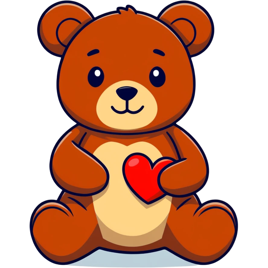A sitting medium brown teddy bear, holding a red heart ￼ emoji