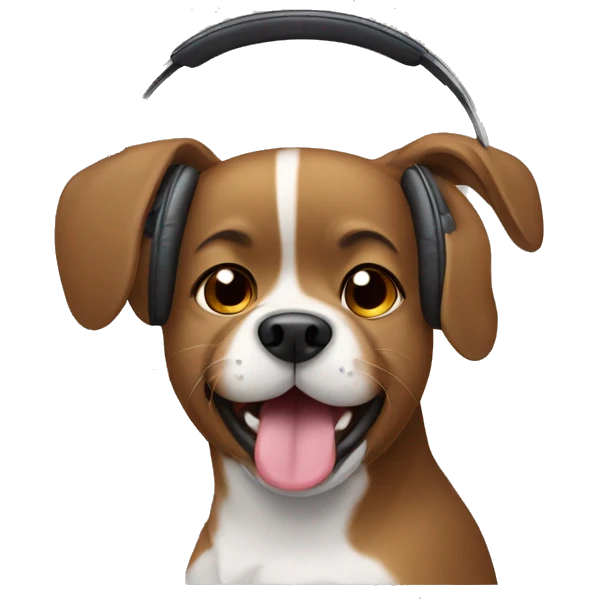 dog with brown hair with headphones on, tongue out emoji