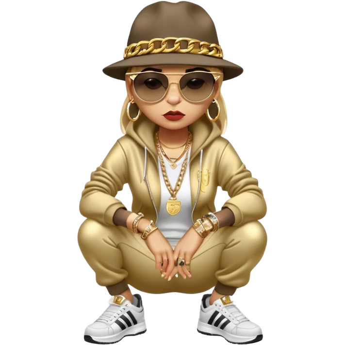 female cat wearing Run DMC hip-hop outfit with tracksuit, fedora, Adidas sneakers, dark sunglasses, many gold chains, rings, bracelets, flashy earrings, fallen down with worried expression emoji