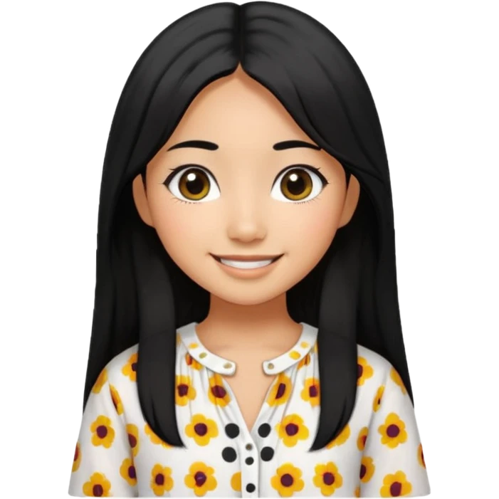 20 yr old asian woman hair white blouse with black dots center part big eyes big smile tanned skin straight black hair hippie part hair  emoji