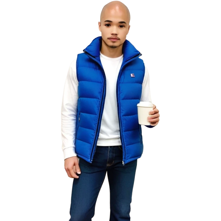 full body man with long sleeve white shirt with blue puffer winter vest with no pockets wearing straight long boot cut levi blue jeans with no cuffs and black tennis shoes holding a coffee mug in one hand directly in front of him at his chest and nothing in the other hand with his weight on one leg emoji
