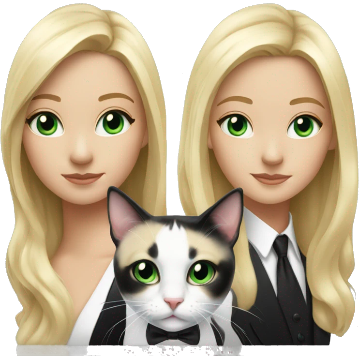 Blonde girl with black and white tuxedo cat both have green eyes emoji