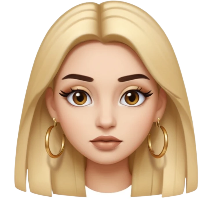 emoji girl with sharp winged eyeliner, sculpted brows, long lashes, matte ombré nude lips, gold hoop earrings, sleek straight hair, bold confident expression emoji