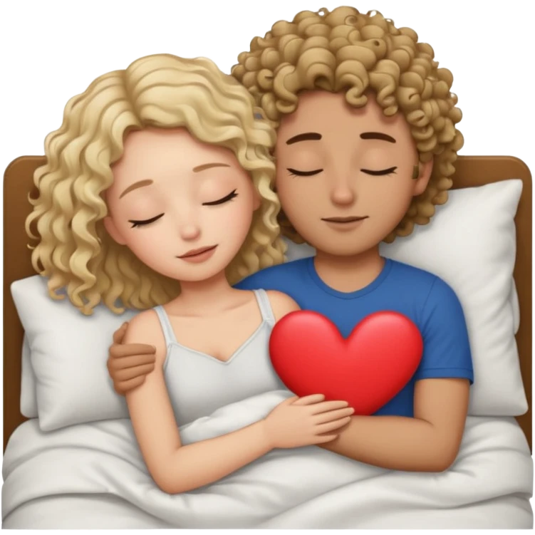 cuddling in bed, asleep. wavy haired blonde girl. curly haired dark brown hair man. eyes closed. heart between them. no headboard emoji