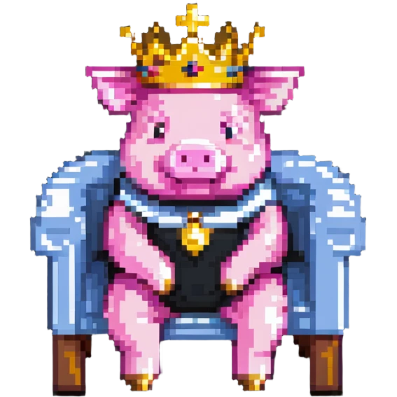 simple ultra-low pixel count pixel art of a pig with a golden crown sitting on a throne, blocky and square like Minecraft emoji