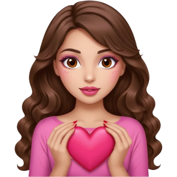 girl with long wavy brown hair, brown eyes, long lashes makeup, sexy pink lips, light to medium complexion, wearing a pink sexy top, many  hearts in hand emoji