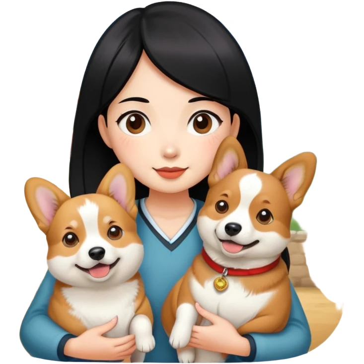 A black hair girl holding a corgi dog and a chinese rural dog emoji