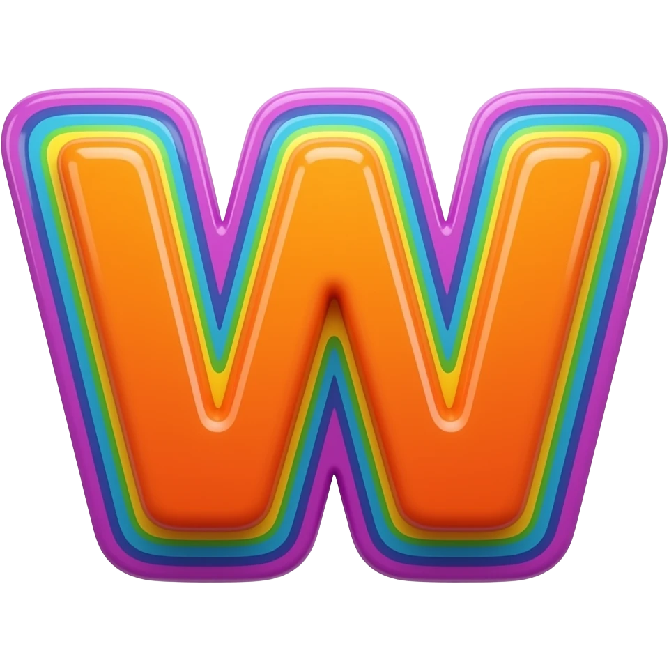 name "w" in neon orange, 3D style typography lettering, each color of the rainbow as a border outlined around each letter, isolated, 3d rendering, no emoji icons no emoji faces and must have no human figures emoji