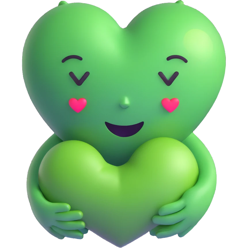 green face emoticon with closed eyes hugging a green heart, expressing care and support emoji