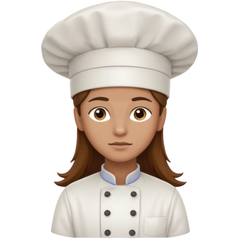 Long brown hair, serious, wearing chef uniform and chef hat emoji