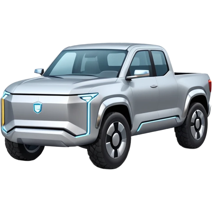 A futuristic electric pickup truck emoji, silver chrome body, angular cyber design, smooth metallic panels, subtle reflections, minimalistic proportions, iOS emoji style, centered composition, clean white background, soft lighting emoji