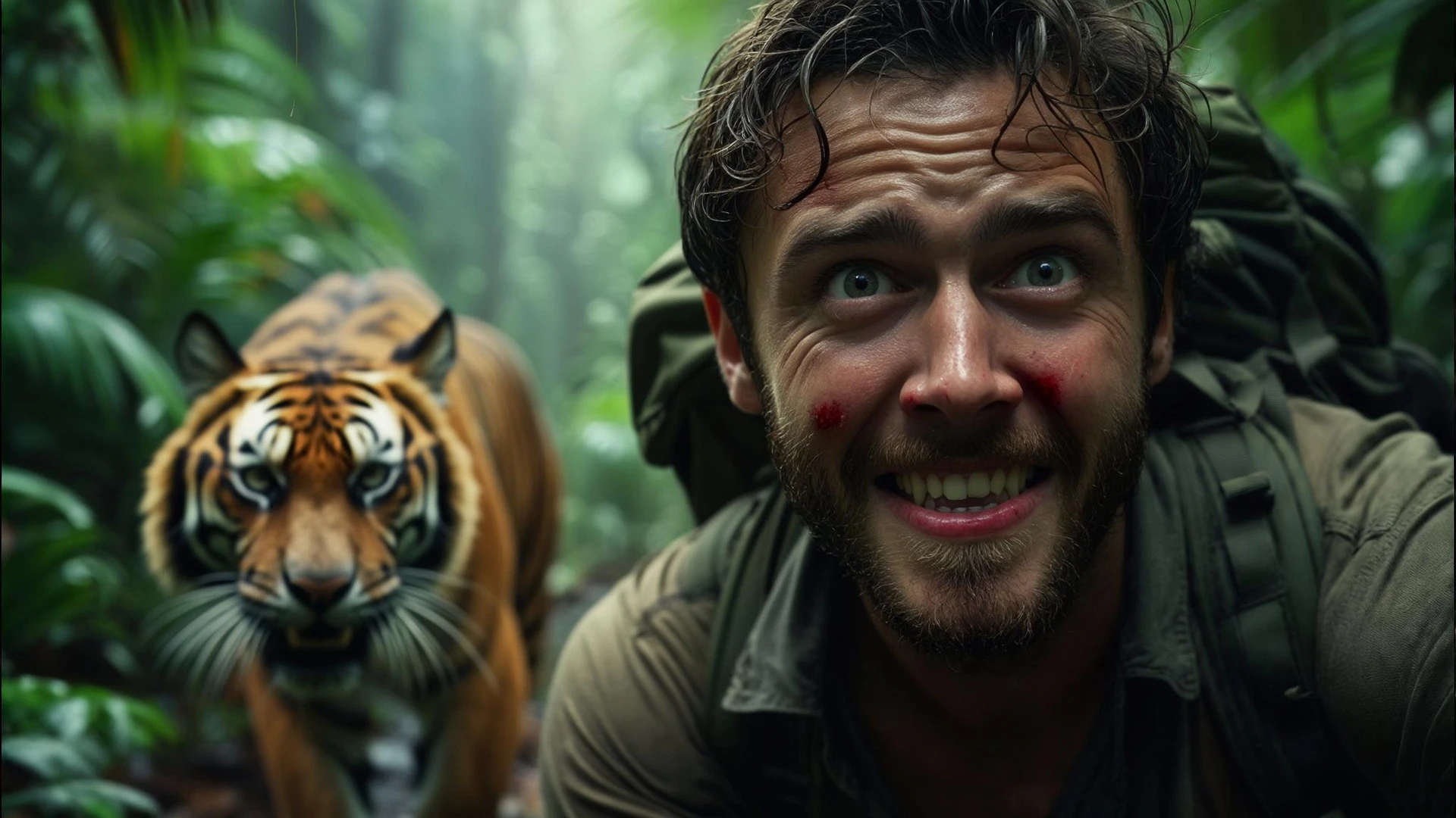 cinematic still, documentary photography, amazon jungle, well lit scene, man is exploring the jungle, close up, front shot, rule of thirds, tiger in background sneaking trying to jump on man emoji