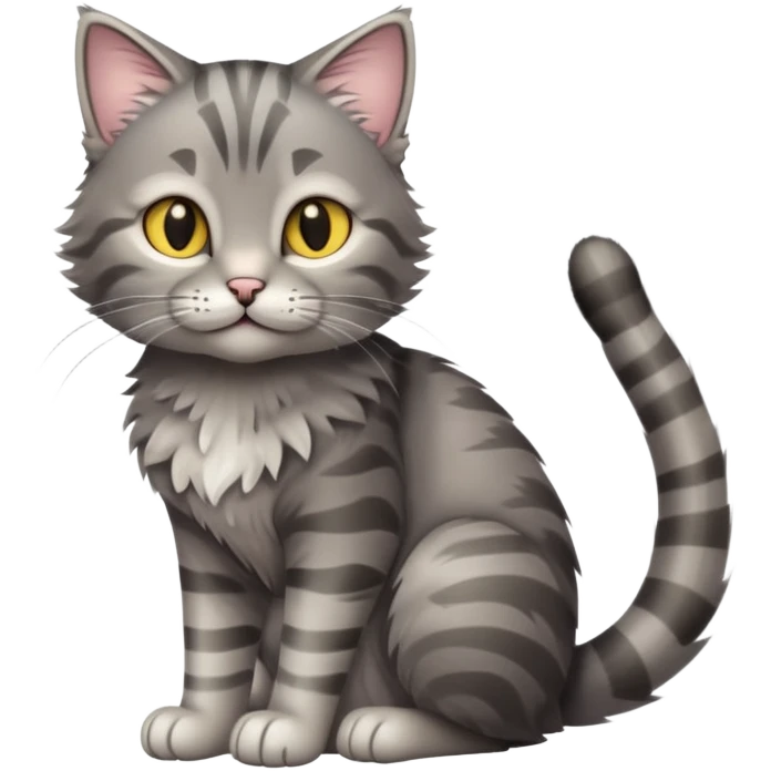 cinematic-[grey tabby cat]-realistic-full-body-sitting-emoji,-tail-curled-playfully-around-its-paws,-head-tilted-dramatically,-scruffy-[grey]-fur,-simplified-yet-realistic-focused-features,-highly-detailed,-glowing-with-an-almost-sarcastic-glow emoji