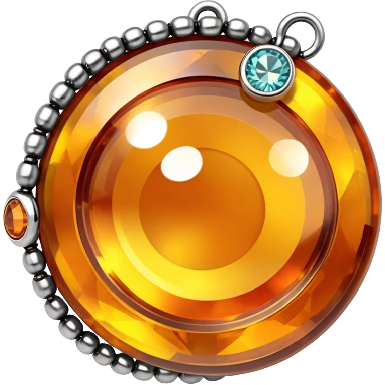 extreme close up of a round cut holographic amber charm with silver metal accent and crystal beaded chain emoji