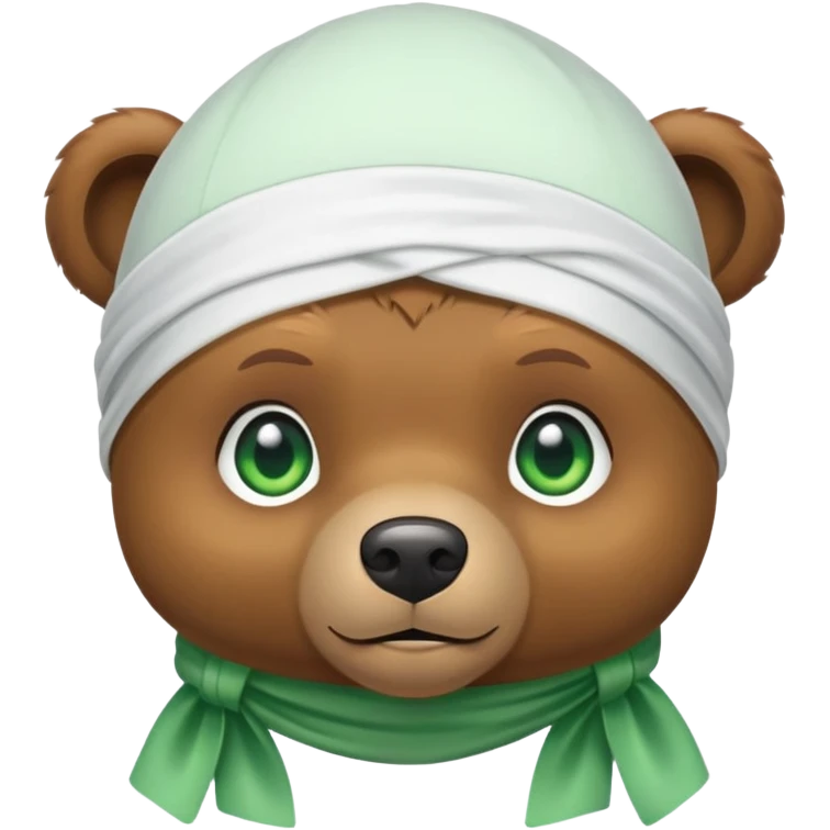 Adorable small brown bear face with green eyes wearing a white silk durag tied at the back, urban style, iOS emoji style emoji