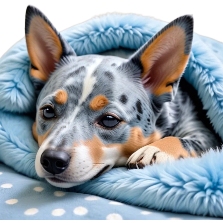 Meme-Worthy Cute Sleeping Blue Speckle Australian Cattle Dog Portrait Emoji, Head resting peacefully with a contented smile, showcasing a robust build and a luxuriously soft blue speckle Fur, eyes shut in a serene nap, Simplified yet hilariously adorable features, highly detailed, glowing with a soft, drowsy light, high shine, relaxed and utterly lovable, stylized with an air of playful laziness, bright and heartwarming, soft glowing outline, capturing the essence of a comically sleepy herder, so meme-worthy it feels like it could instantly become the next viral sensation of adorable slumber! emoji