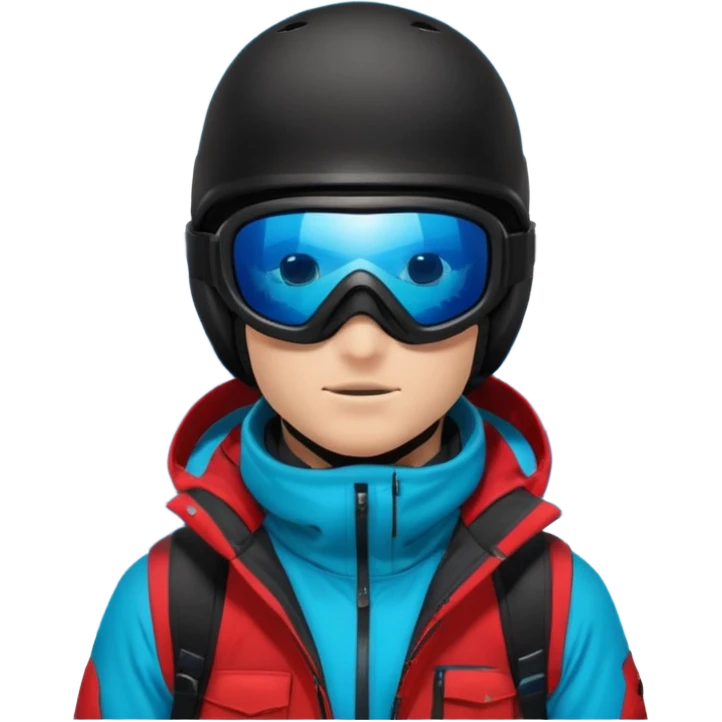 портрет головы сноубордиста в черном шлеме, зеркальной маске, в отражении маски снежные горы, черной балаклаве закрытым лицом, красной куртке, насыщенным сине-голубым однотонным фоном. emoji