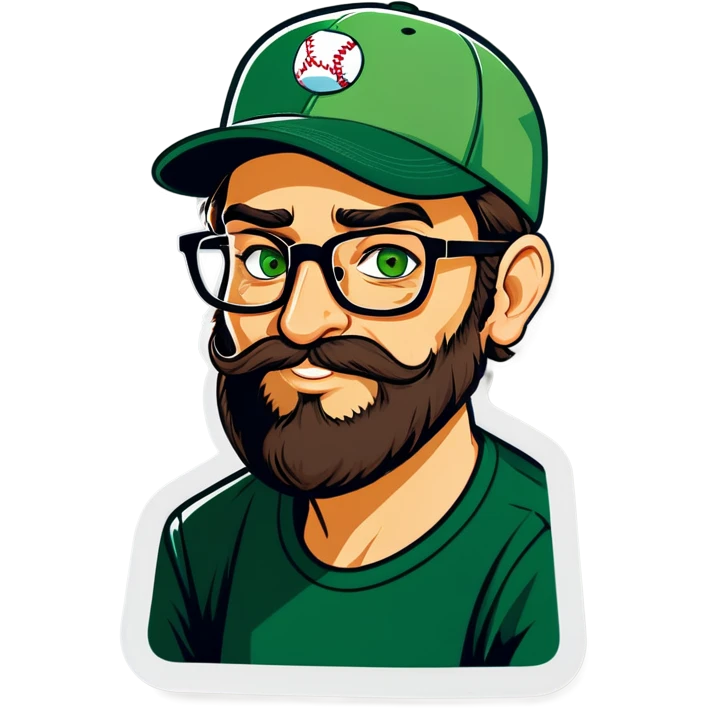 A geek nan with a brown beard and green eyes, baseball cap, glasses, drinking beer emoji