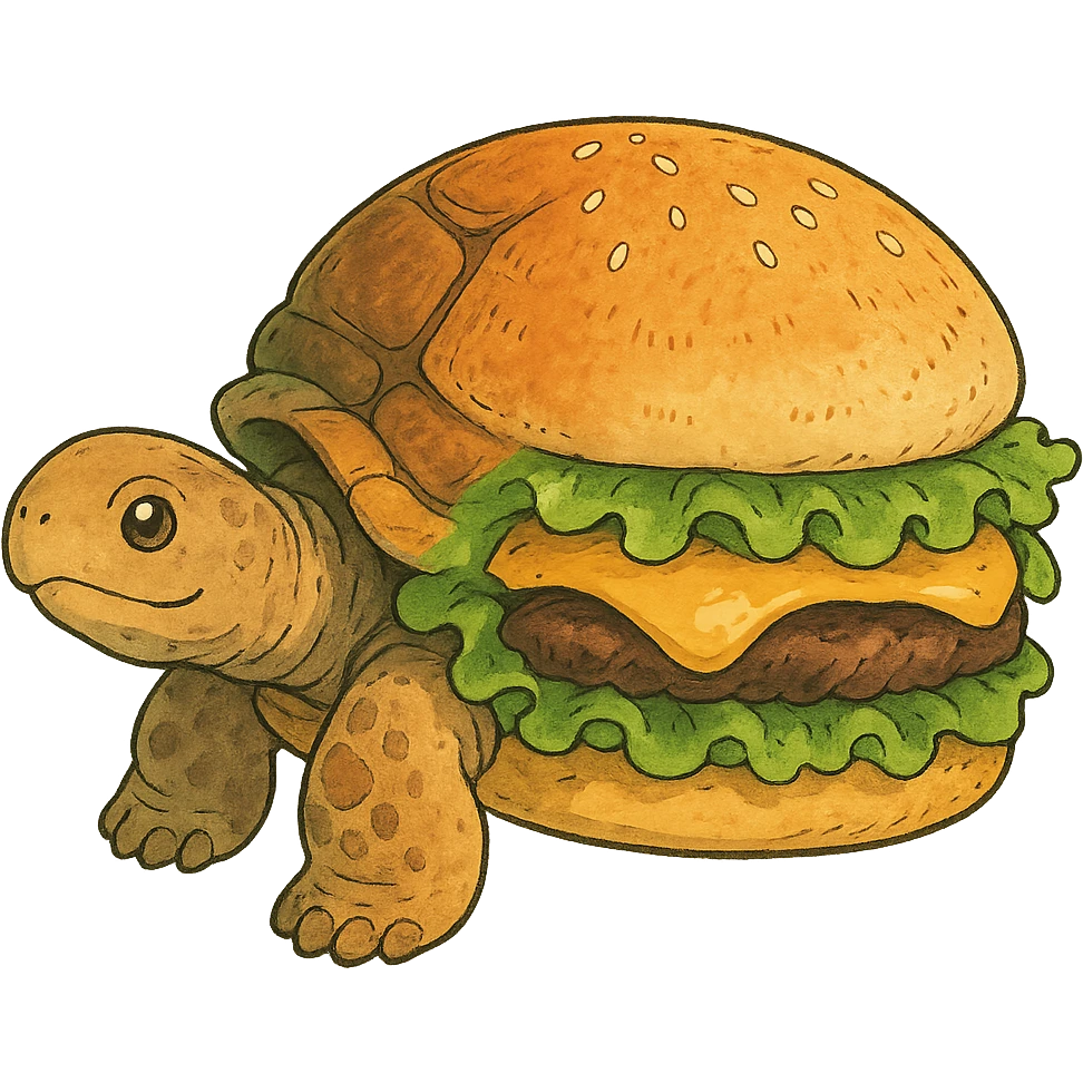 ghibli style turtle morphing into a hamburger emoji