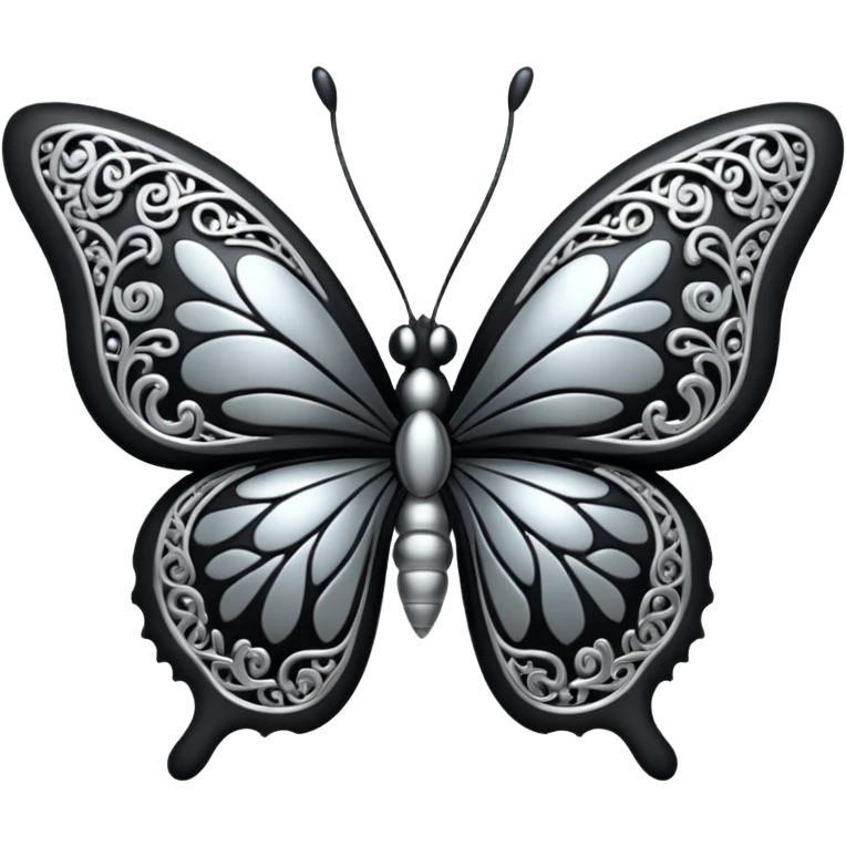 Black and silver filigree butterfly, 3D, extremely detailed design emoji