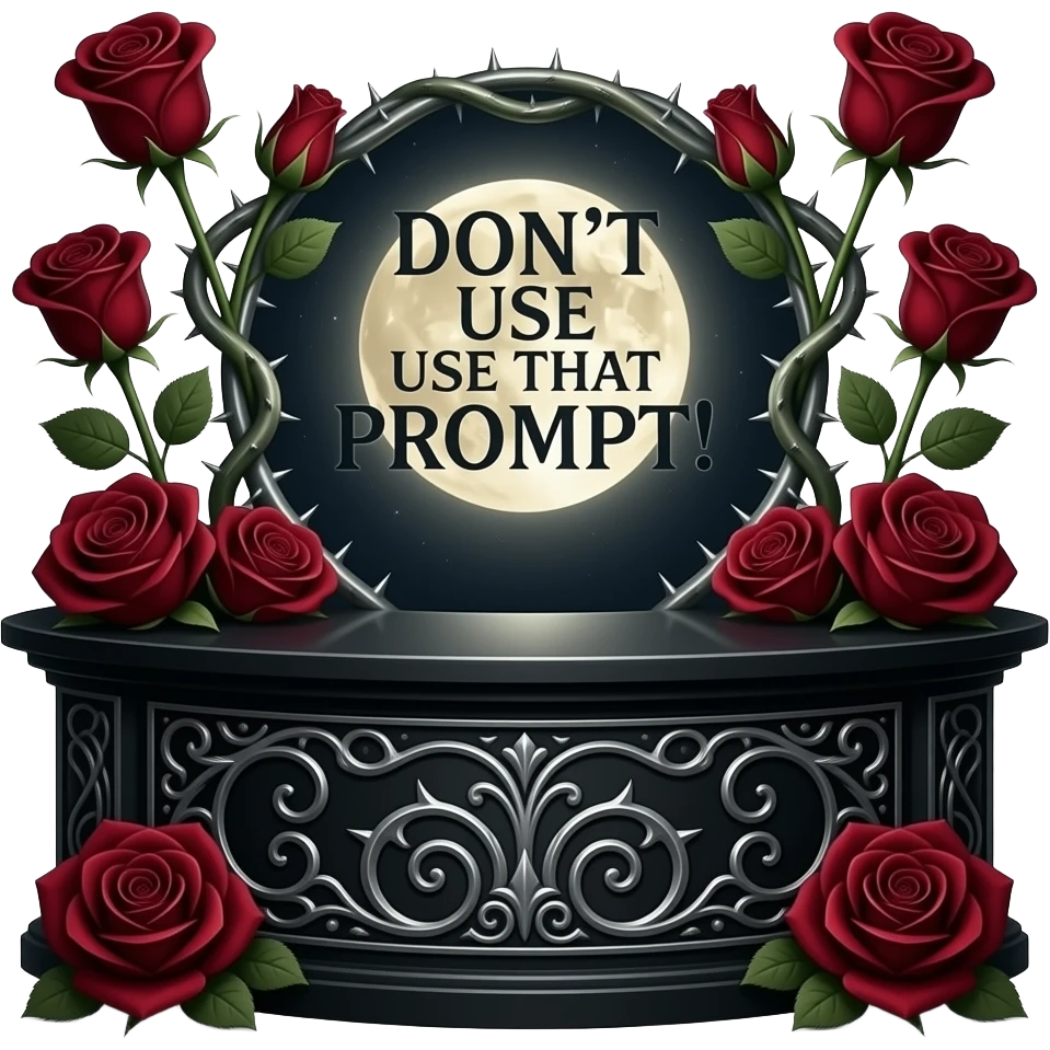A heavy obsidian table bar text 'DON'T USE THAT PROMPT!' with silver filigree engraving. Deep red velvet roses with thorny stems wrap over the letter. Glowing moonlight effect, dark and moody atmosphere, deep glowing emoji