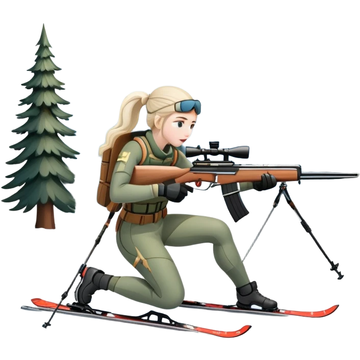An icon showing a snowy landscape with pine trees, mountains, and a clear sky with a biathlete aiming a rifle in the foreground, wearing winter gear and skis. Transparent background emphasizes the precision, endurance, and beauty of this winter sport. emoji