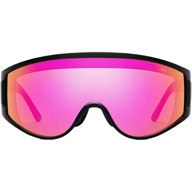 sporty neon pink shield visor sunglasses with thick black frame and integrated elastic strap, oversized one-piece mirrored lens, extremely durable design emoji
