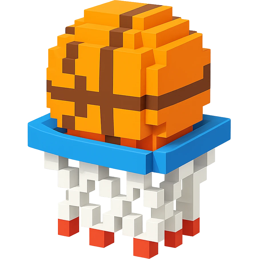 A voxel-style basketball in a net emoji