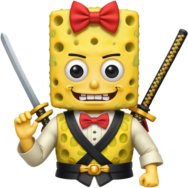 SpongeBob, wearing japan samurai custome, red bow tie emoji