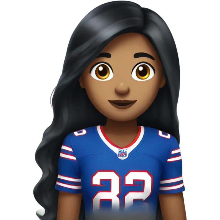 Girl with long black hair and freckles wearing buffalo bills jersey emoji