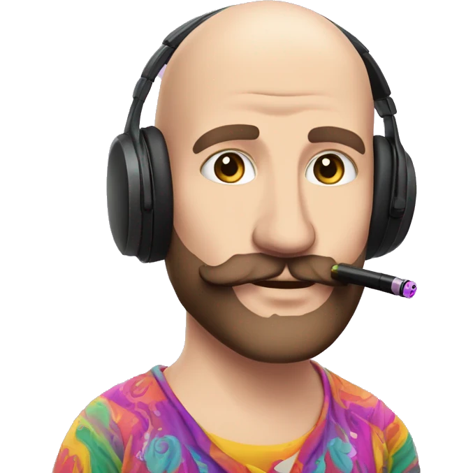 Bald white guy with short black beard and mustache wearing  gaming headphones and a psychedelic shirt with a unicorn on it and smoking a pipe emoji